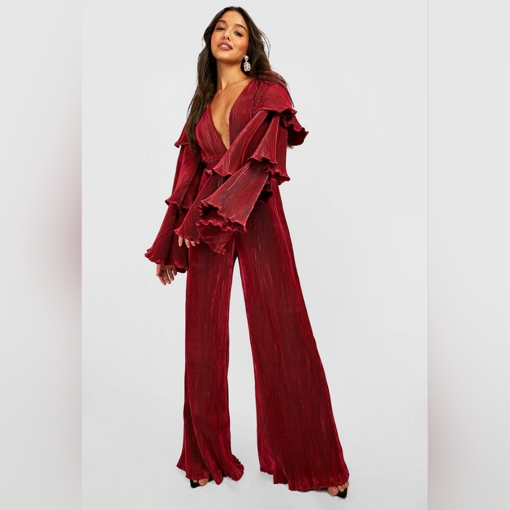 NWT Boohoo Occasion Satin Layered Ruffle Sleeve Wide Leg Jumpsuit - Berry